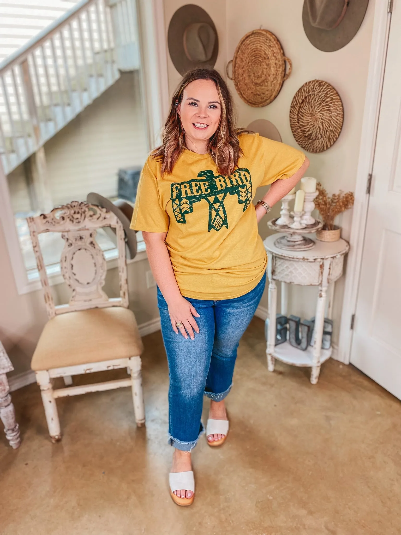 Last Chance Size Small | Free Bird Thunderbird Short Sleeve Graphic Tee in Mustard Yellow
