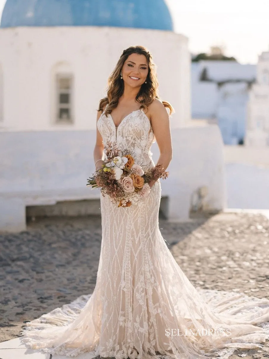 Mermaid Spaghetti Straps Lace Wedding Dresses Elegant Beaded Bridal Gown EWR803