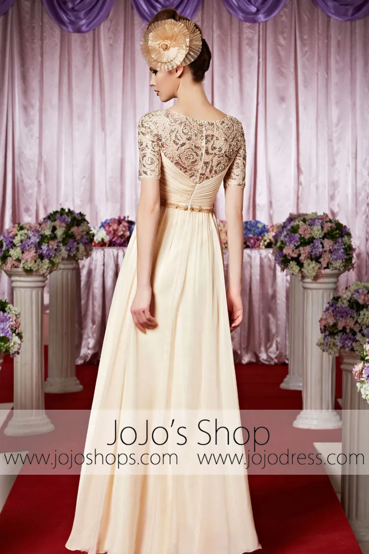 Modest Short Sleeves Lace Champagne Elegant Prom Formal Evening Dress CX830333
